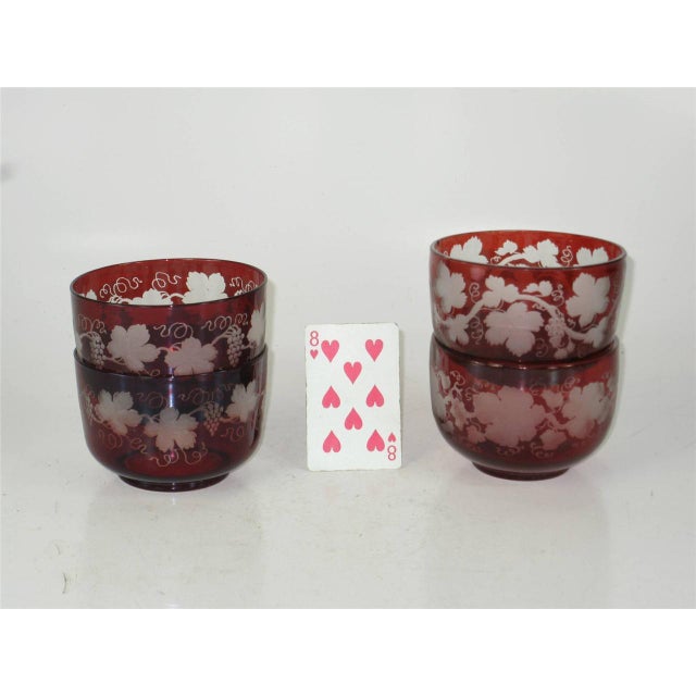 Antique Bowls Ruby Bohemian Glass Red Flashed Engraved Copper Wheel Grape Leaf - Set of 4 For Sale - Image 10 of 12