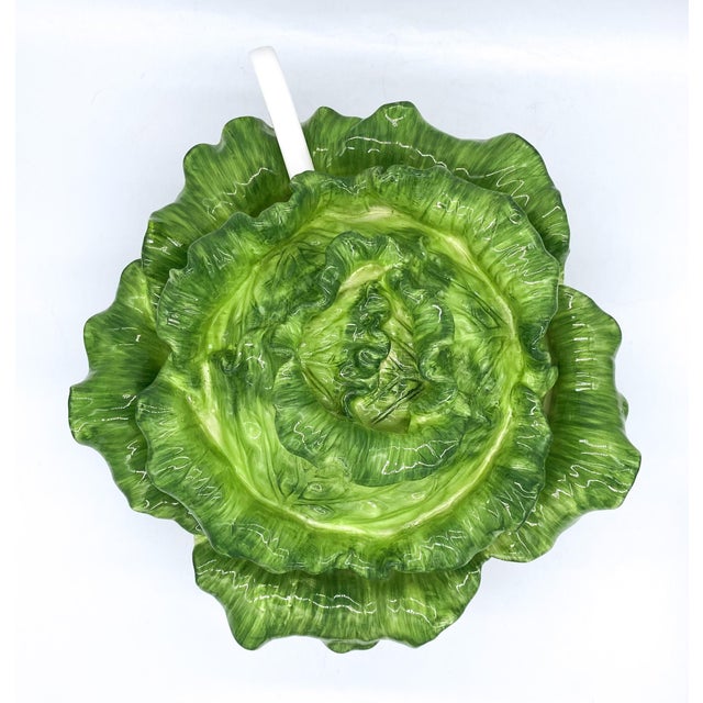20th Century Green Majolica Cabbage Tureen With Ladle Chairish