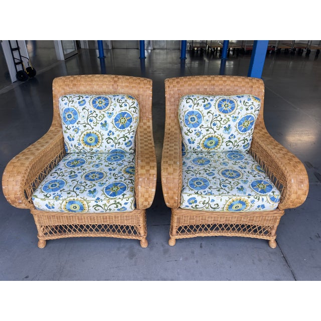 Wood Vintage Henry Link for Lexington Woven Rattan and Wicker Lounge Armchairs With Floral Upholstery | Pair For Sale - Image 7 of 14