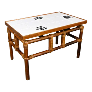 Vintage Rattan Campaign Style Ficks Reed Far Horizons Collection End Table W/Tile Top by John Wisner