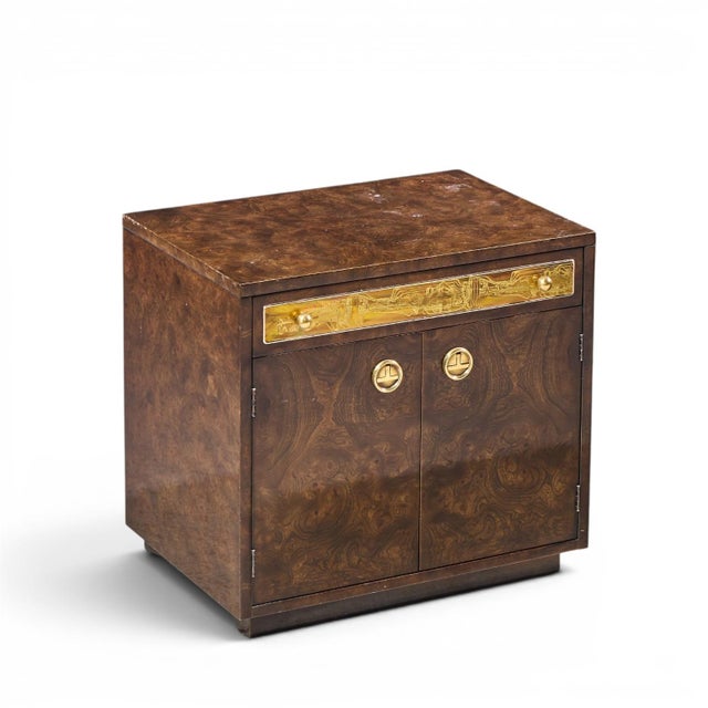 Bernhard Rohne for Mastercraft Mid Century Burlwood and Acid Etched Brass Nightstands - Pair For Sale - Image 11 of 13