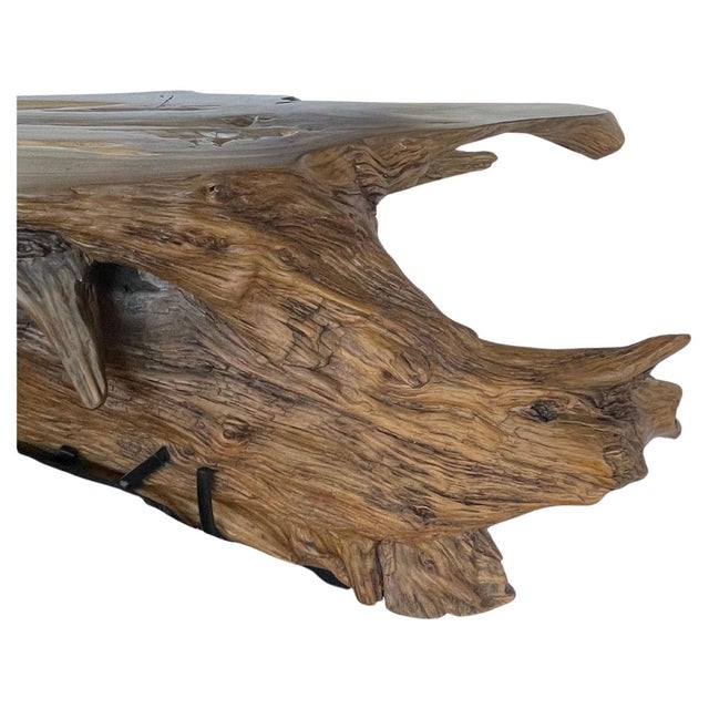 1970s Majestic Cypress Tree Log Console With Sculptural Steel Base. Labeled Pmc #35. For Sale - Image 5 of 9
