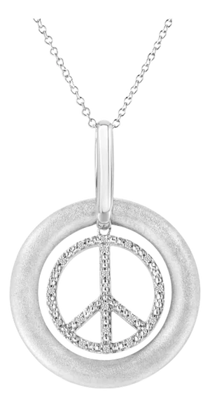 Matte Finish .925 Sterling Silver Diamond Accent Dancing Peace Sign 18" Pendant Necklace