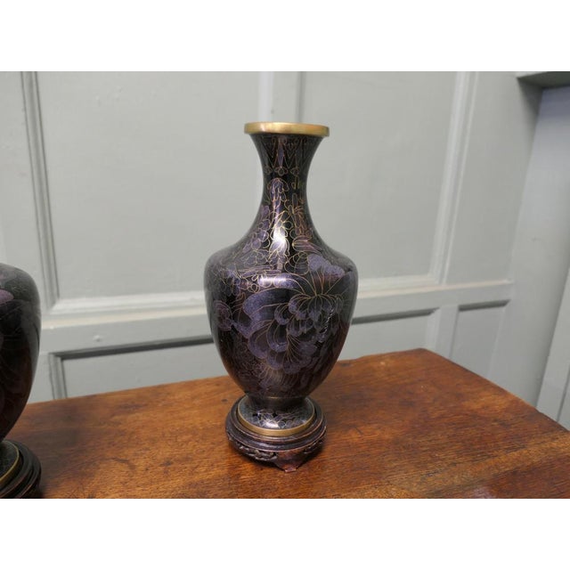 Vintage Black Cloisonné Baluster Vases on Stands, 1920, Set of 2 For Sale - Image 3 of 8