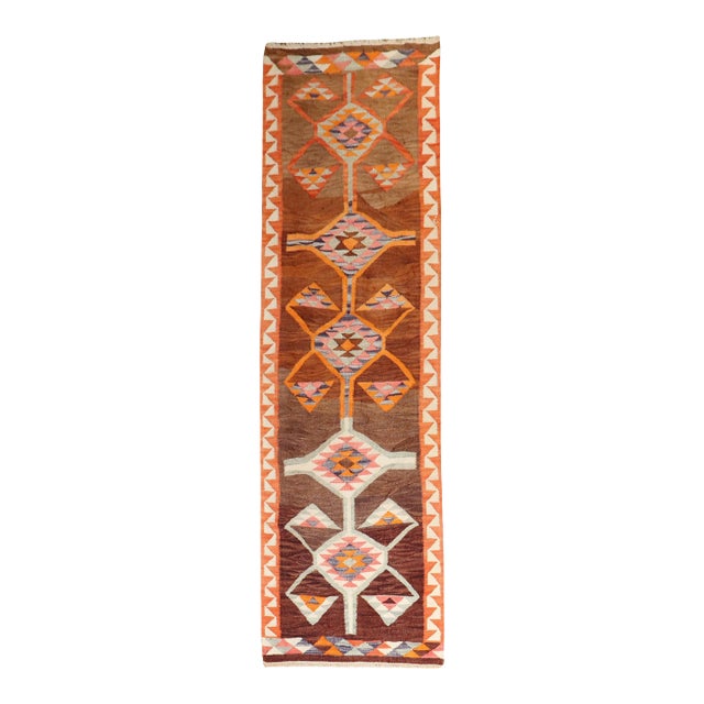 Vintage Zabihi Collection Turkish Geometric Kilim Runner - 3'5" x 11'8" For Sale