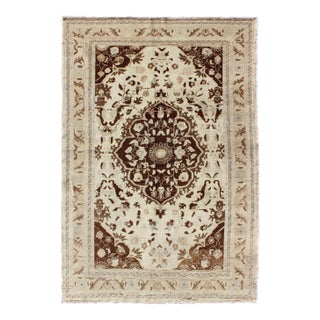 Vintage Oushak Rug With Intricate Medallion in Brown and Ivory 4'8 X 7'2 For Sale