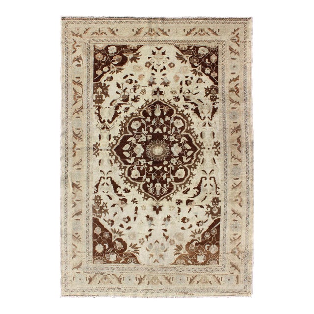 Vintage Oushak Rug With Intricate Medallion in Brown and Ivory 4'8 X 7'2 For Sale