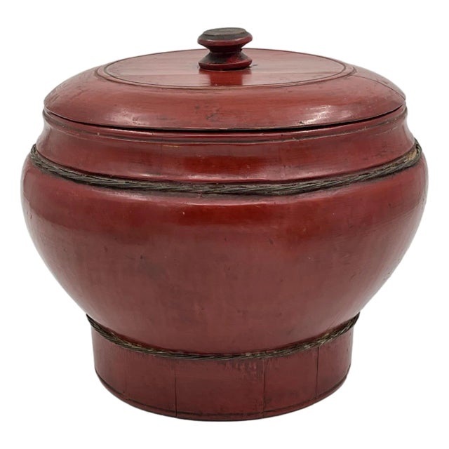 Antique Chinese Red Lacquered Round Wood Box Rice Bucket With Lid For Sale