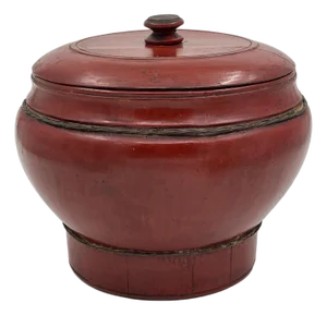 Antique Chinese Red Lacquered Round Wood Box Rice Bucket With Lid