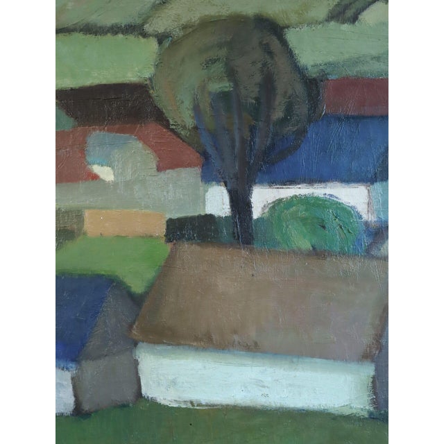 1963 Mid-Century Modern 'Houses by the Rolling Hills' Vintage Swedish Expressive Landscape Oil Painting, Framed For Sale - Image 10 of 12