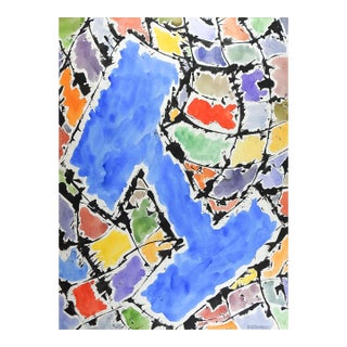 Mid 20th Century Color Block Abstract Blue Watercolor Painting For Sale