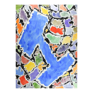 Mid 20th Century Color Block Abstract Blue Watercolor Painting