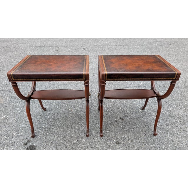 1950s Regency Leather Top Mahogany Side Table With Curule Legs - A Pair For Sale - Image 16 of 16