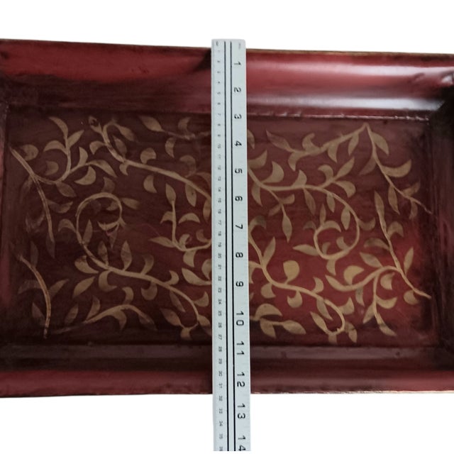 Large Metal Serving Tray Cranberry Red and Gold Leaf Vine Design Ornate Handles For Sale - Image 17 of 18