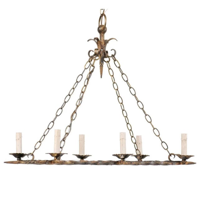 French Vintage Rectangular Six-Light Iron Chandelier Brushed in Gold Color For Sale - Image 10 of 10
