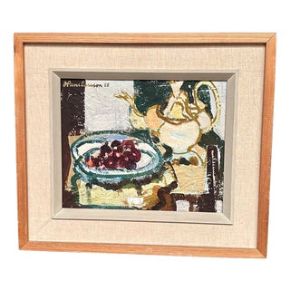 Hans Larsson, Fruits and Teapot, 1952, Oil Painting on Panel, Framed For Sale