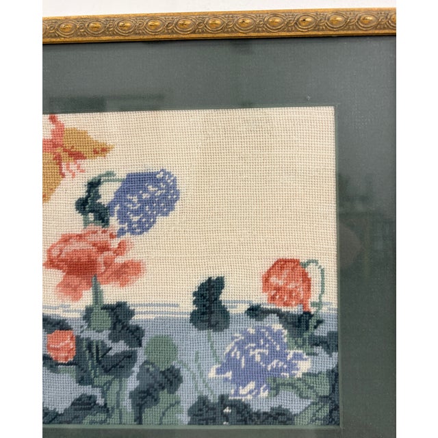 Glass Vintage Framed Floral Needlepoint After Hokusai – Poppies and Butterfly For Sale - Image 7 of 9