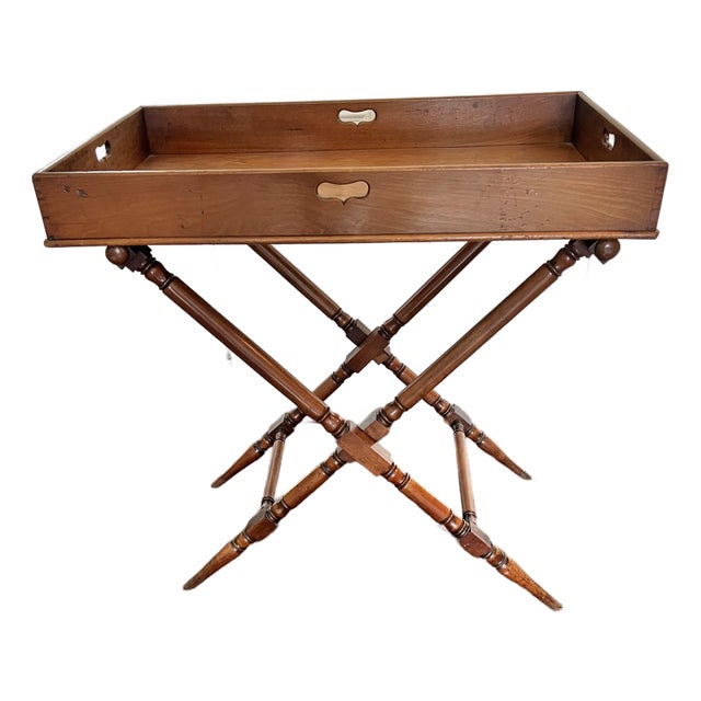 Vintage Mahogany Butler’s Tray Table With Folding X-Base | English Colonial Style Serving Stand For Sale