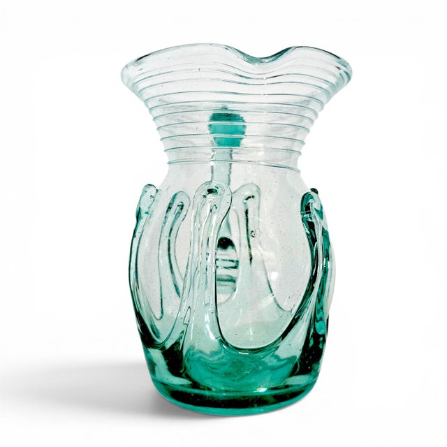 American 1976 Liberty Village Glasshouse Aquamarine Lily Pad Blown Glass Pitcher 6.75" For Sale - Image 3 of 11