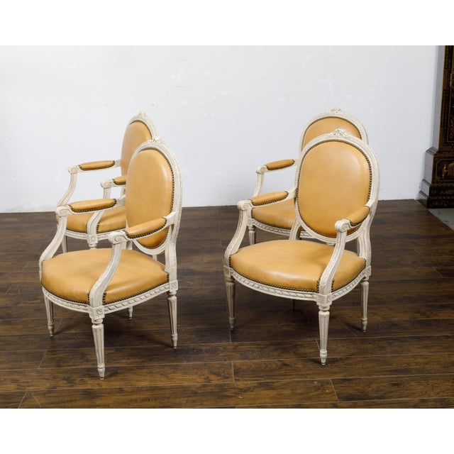 Set of Four French Louis XVI Style 1900s Oval Back Painted and Carved Armchairs For Sale - Image 11 of 12