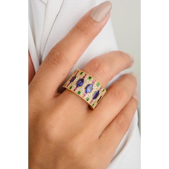 Stately 14k Solid Gold Wide Band With Multi Gem Contemporary Ring Size 5.5 For Sale - Image 4 of 12