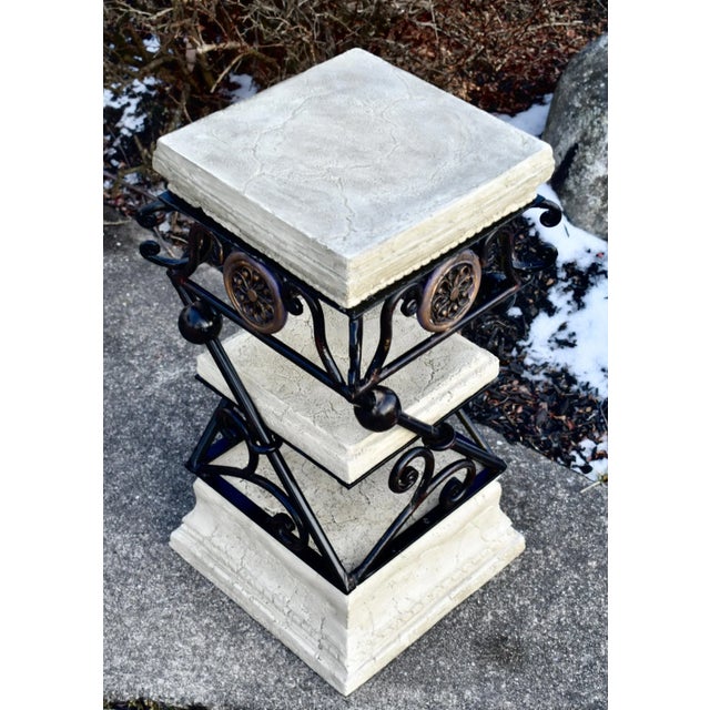 1990s Faux Stone Plant Stand Side Table 3 Tier Vintage Neoclassical Metal 25" For Sale - Image 5 of 11