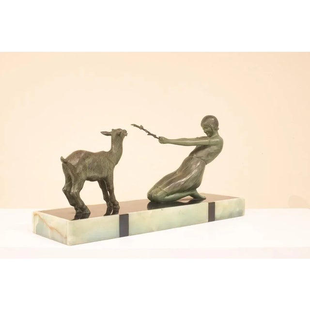 Janle, Art Deco Sculpture, Youth with Goat, France, 1930, Metal on Marble Base For Sale - Image 3 of 8