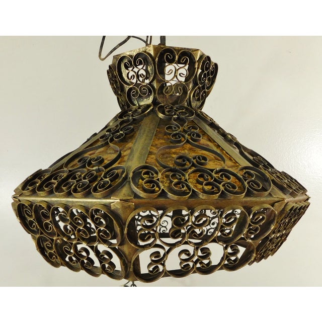 Gold Vintage Mid 20th Century Gold Wrought Iron Scroll Amber Stained Glass Octagon 4 Light Chandelier For Sale - Image 8 of 8