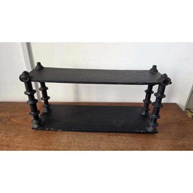 Vintage Wooden Black Tiered Shelf, Turned Spindle Display Stand, Rustic 2 Tier Wall Shelf, Folk Art Wood Rack, Cottage Decor For Sale - Image 15 of 17