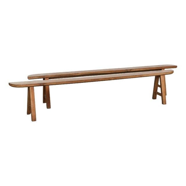 Antique French Wooden Farmhouse Benches, Set of 2 For Sale