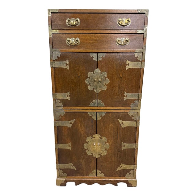 Vintage Japanese Tansu Style Oak and Engraved Brass Cabinet For Sale