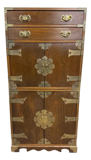 Vintage Japanese Tansu Style Oak and Engraved Brass Cabinet