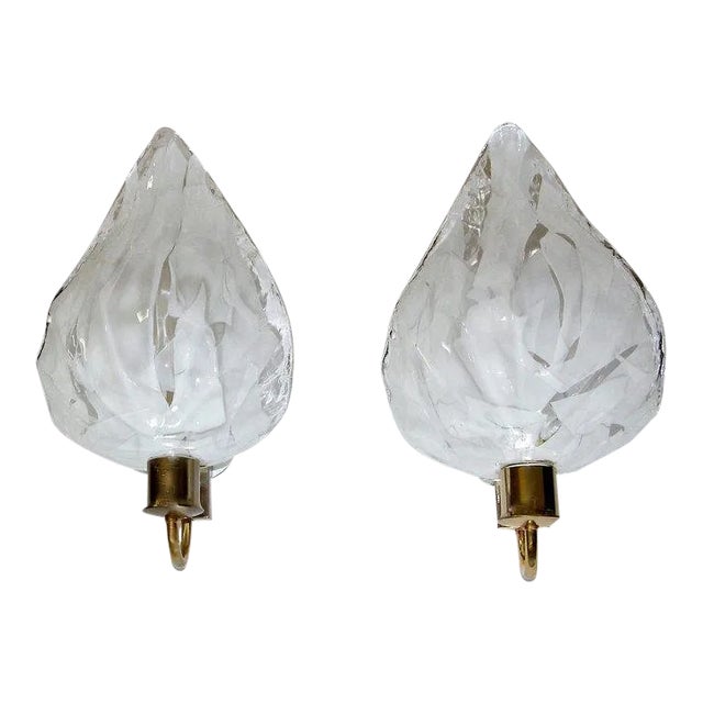 La Murrina Murano White and Clear Glass Leaf Wall Sconces - a Pair For Sale
