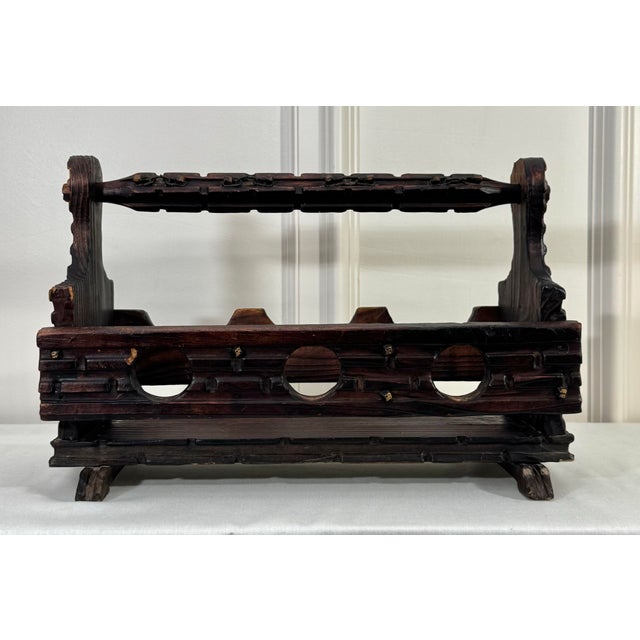 Brown Spanish Revival Solid Wood & Brass Three Wine Bottle Holder For Sale - Image 8 of 12