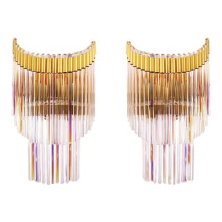 Italy Foglie Wall Sconces Iridescent Murano Glass Rods & Gilt Brass, Set of 2 For Sale
