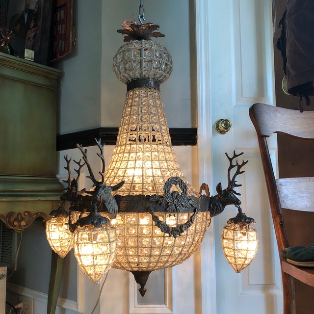 1970s Large Aged Bronze Deer Head Stag Chandelier For Sale In Atlanta - Image 6 of 13