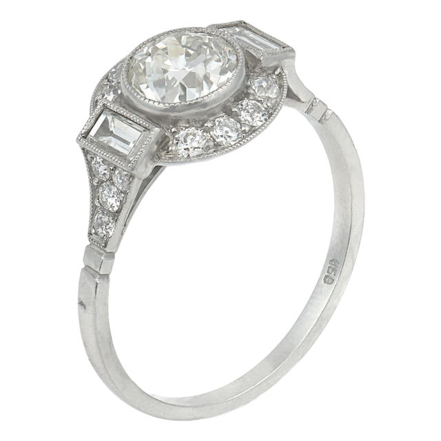 Art Deco Style Diamond Platinum Engagement Ring, Size 7 For Sale