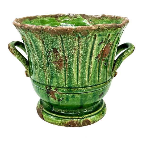 Vintage Vietri Italian Verde Glazed Terracotta Planter With Handles – Mediterranean / Tuscan For Sale