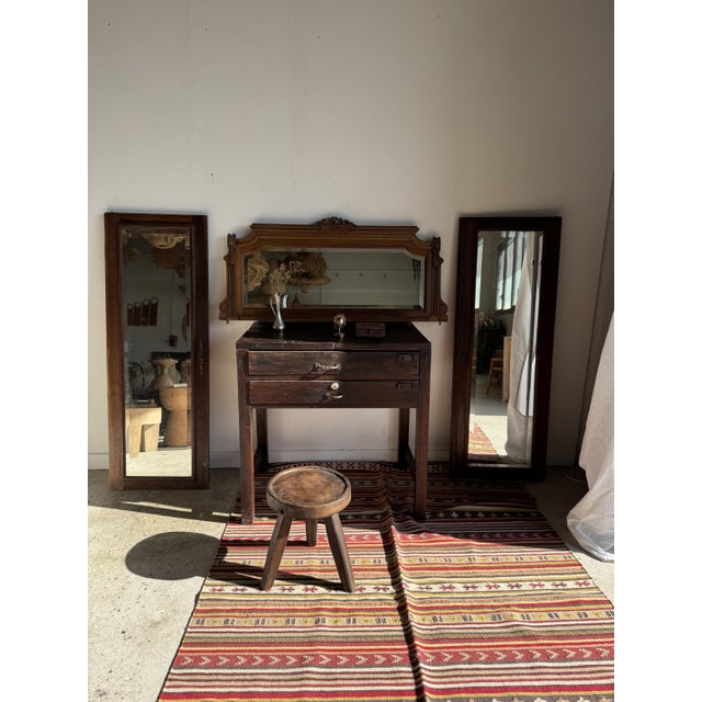 Antique Mirror in Brown Oak with Beveled Glass and Keyhole Escutcheon, 1980s For Sale - Image 15 of 16
