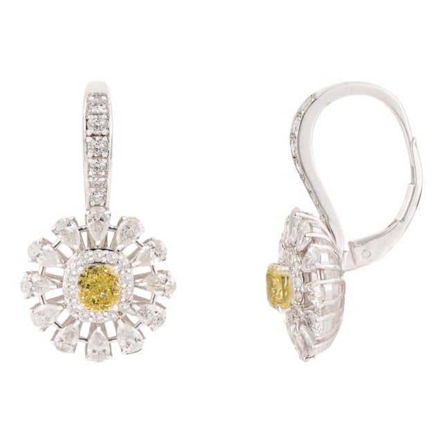 Vintage Style 2.29 Ct Fancy Yellow Diamond Floral Cluster Drop Earrings 18k Gold- A Pair For Sale