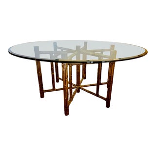McGuire 66” Round Glass and Bamboo Dining Table For Sale