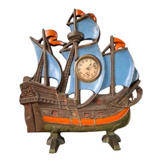 Antique Cast Iron Ship Mantel Clock Connecticut Foundry Waterbury Movement 1920s For Sale