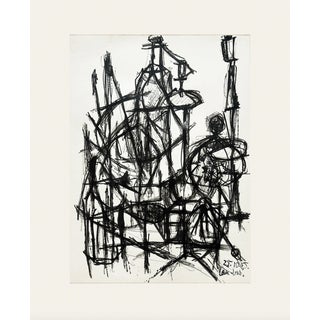 Mid-Century Modern French Abstract Expressionism Still Life Ink Drawing on Paper With Mat, Signed by French Artist David Lan-Bar, 1955 For Sale