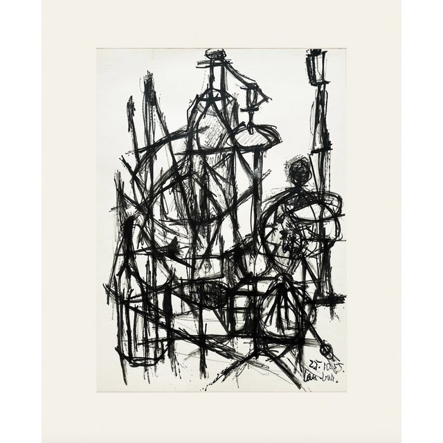 Mid-Century Modern French Abstract Expressionism Still Life Ink Drawing on Paper With Mat, Signed by French Artist David Lan-Bar, 1955 For Sale