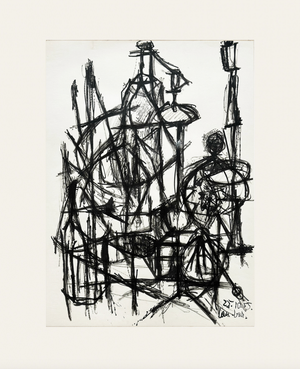 Mid-Century Modern French Abstract Expressionism Still Life Ink Drawing on Paper With Mat, Signed by French Artist David Lan-Bar, 1955