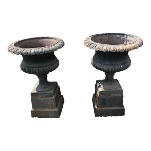 Monumental Vintage Black Cast Iron English Planters Urns on Plinths - a Pair