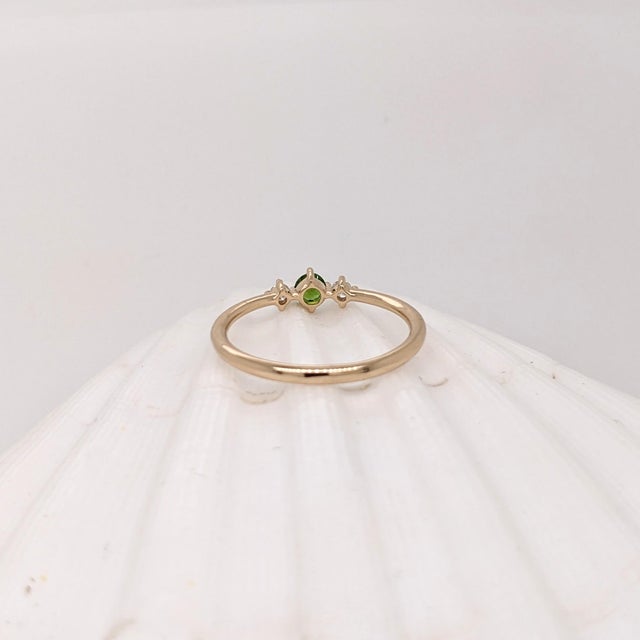 Green Dainty Tsavorite Ring W Earth Mined Diamonds in Solid 14k Gold | Round 3mm For Sale - Image 8 of 8
