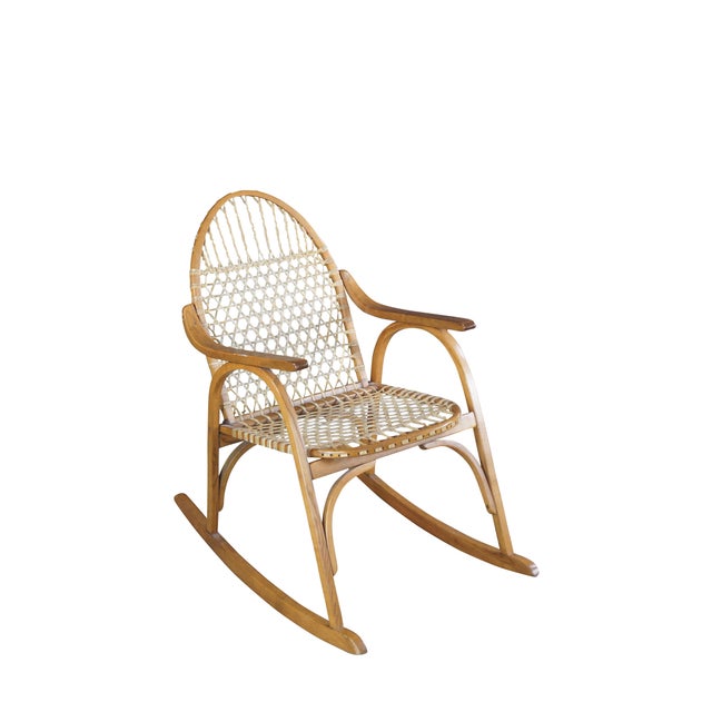 Farmhouse Late 20th Century Vermont Tubbs Oak Bentwood Snowshoe Rawhide Lacing Rocking Chair Rocker For Sale - Image 3 of 11