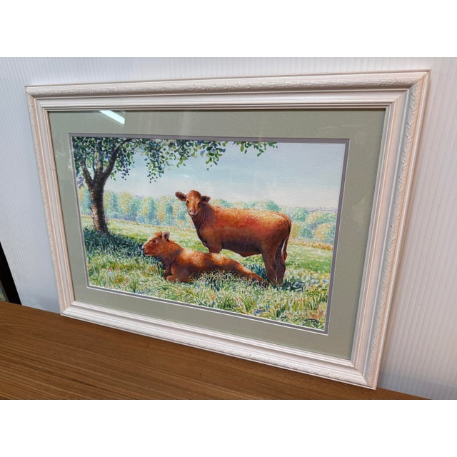 Farmhouse Circa 1996 l.m. Steadman Two Cows Resting in Pasture Watercolor, Signed For Sale - Image 3 of 12