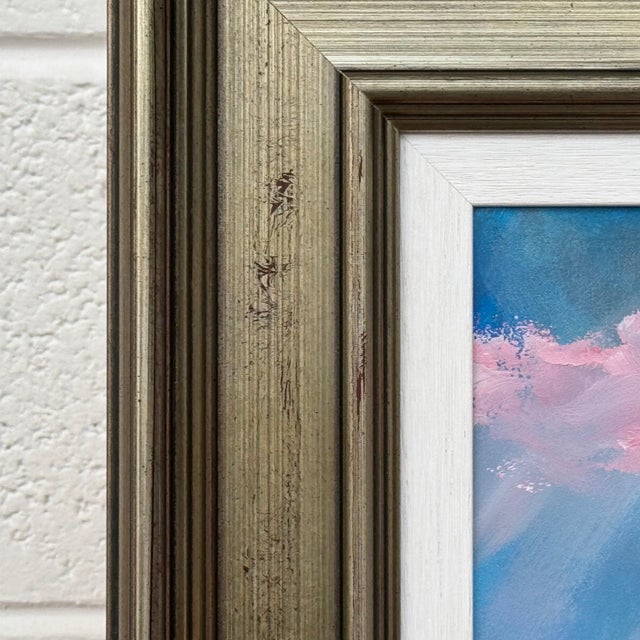 Wood Pink Blue & White Abstract Art in a Bronze Frame by Contemporary British Artist 2025 For Sale - Image 7 of 17